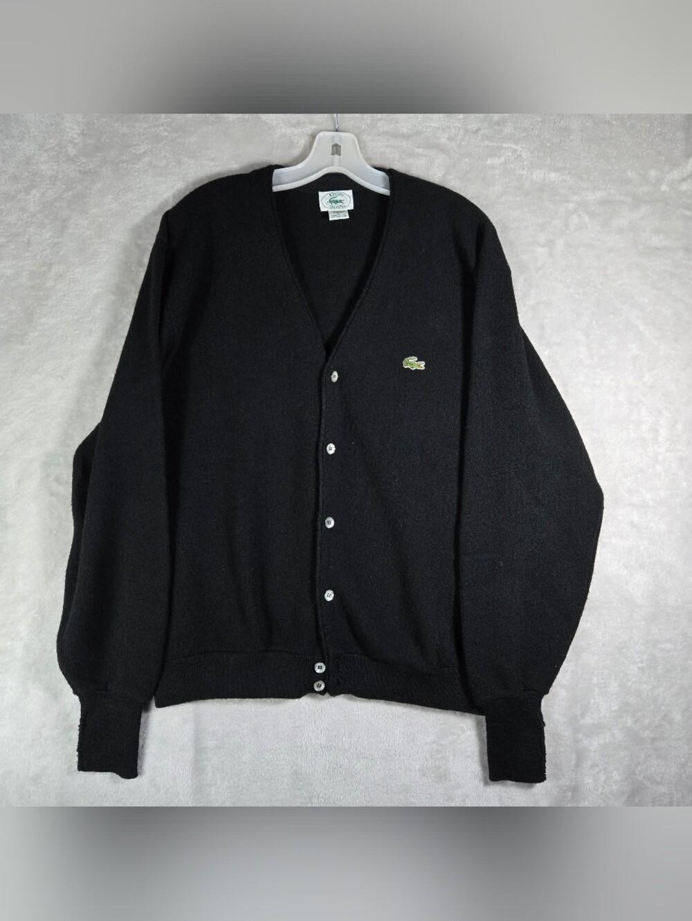 Izod Lacoste V Neck Cardigan Mens Size L Large Acrylic Black USA Made Vintage